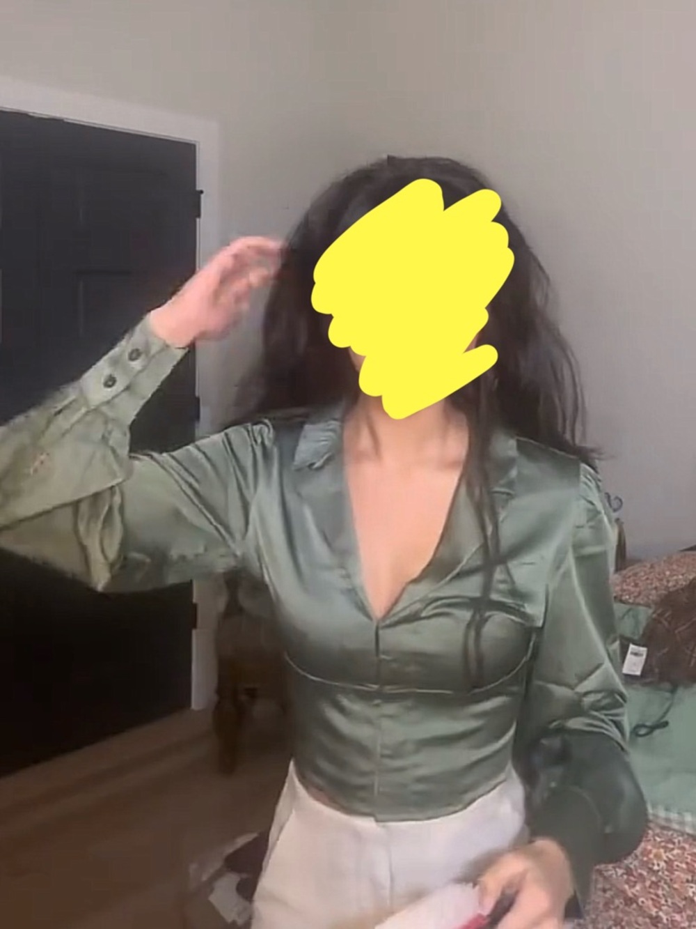 Abercrombie & Fitch Olive Green Satin V-Neck Blouse
